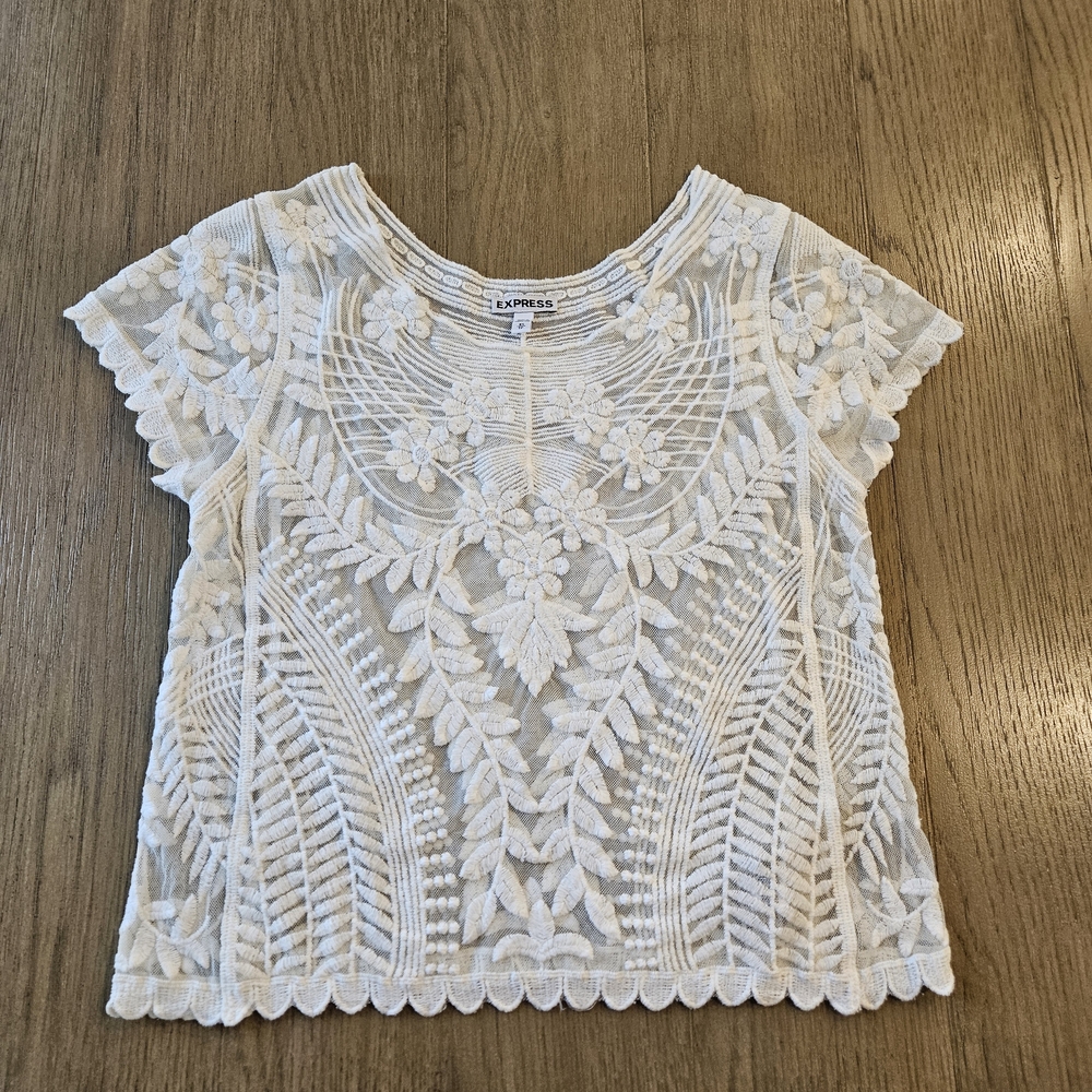 Express Women's White Boho Embroidered Lace Top